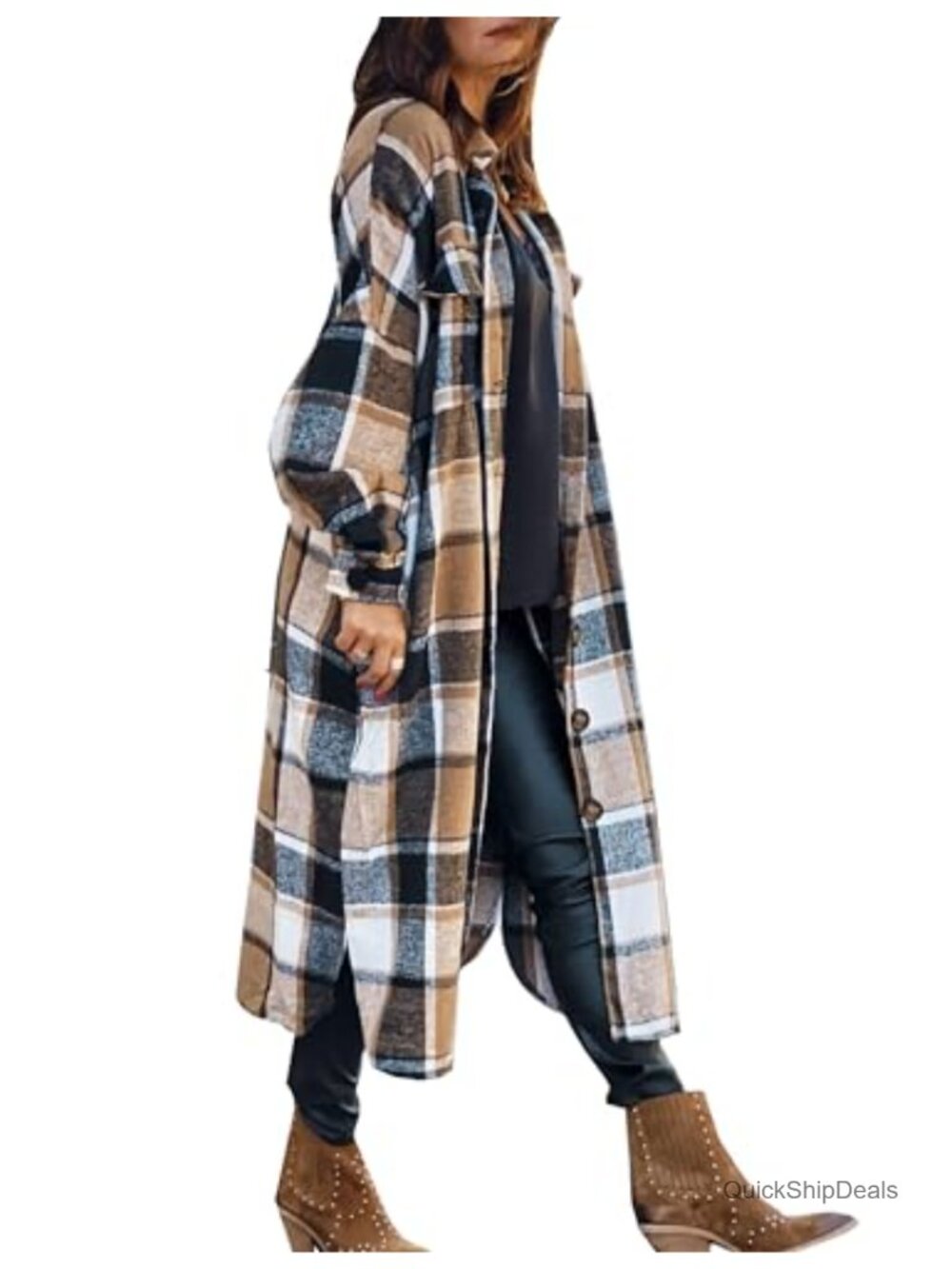Oversized Flannel Plaid Shacket, Polyester Long Sleeve Button Down, 4 Pockets